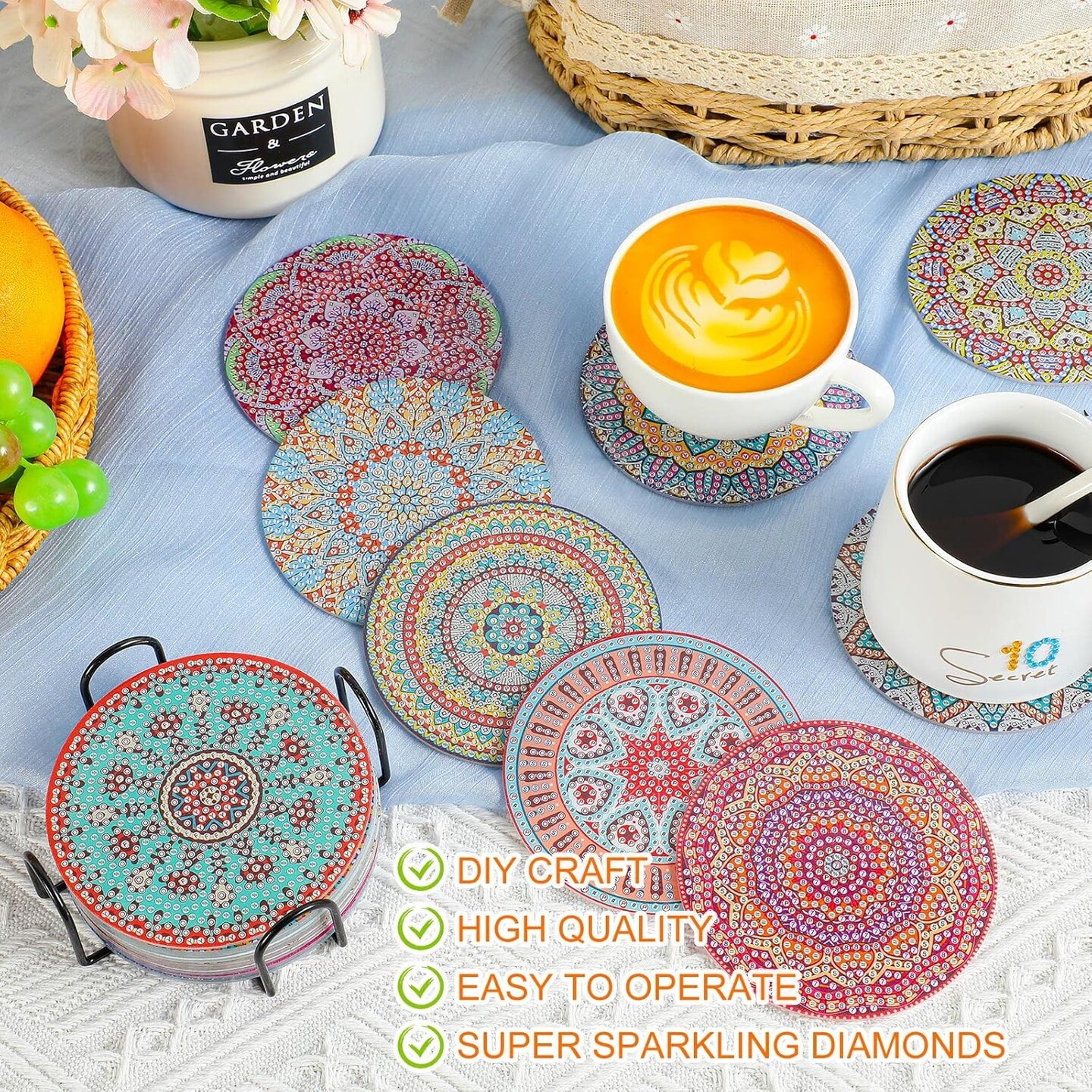 32 Pcs Mandala Diamond Painting Coasters Kit – DIY Acrylic Coasters with Cork Bases & Holders, Craft Set for Adults & Beginners, Perfect Gift
