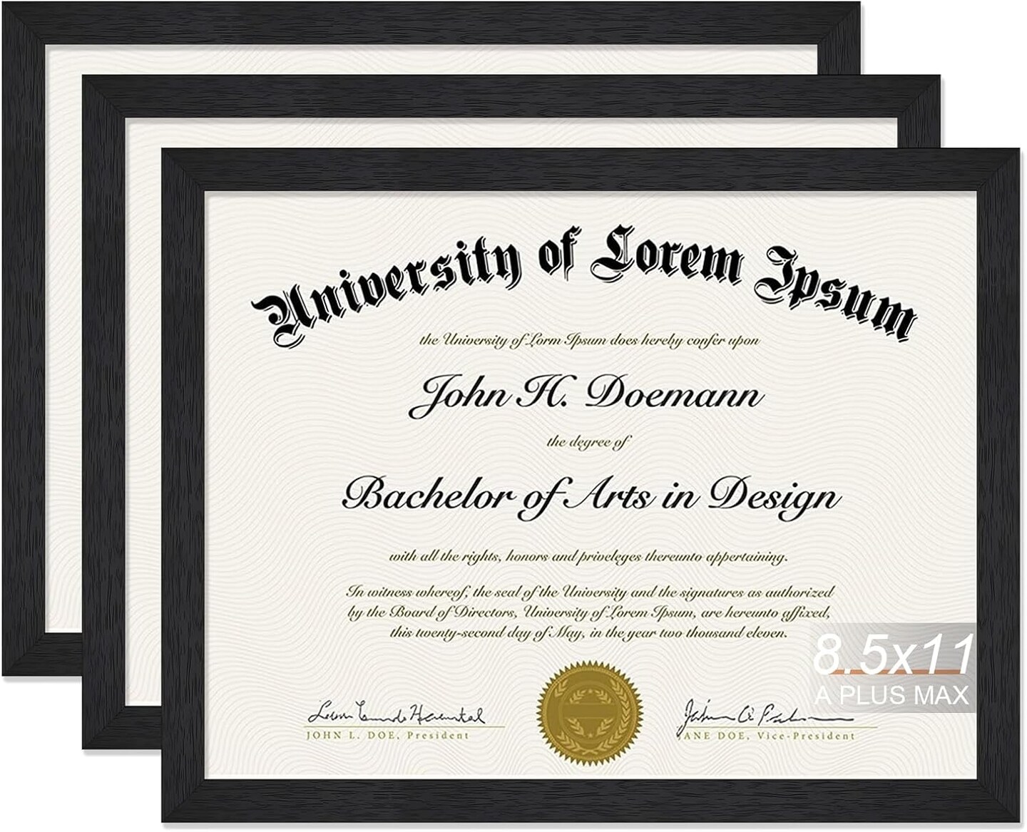 Black 8.5 x 11 Frame Set of 3, Engineered Wood Frame with Wood-grain for Display 8.5 by 11 Document Award Certificate Wall and Tabletop - 3 Pack/Black/8.5x11