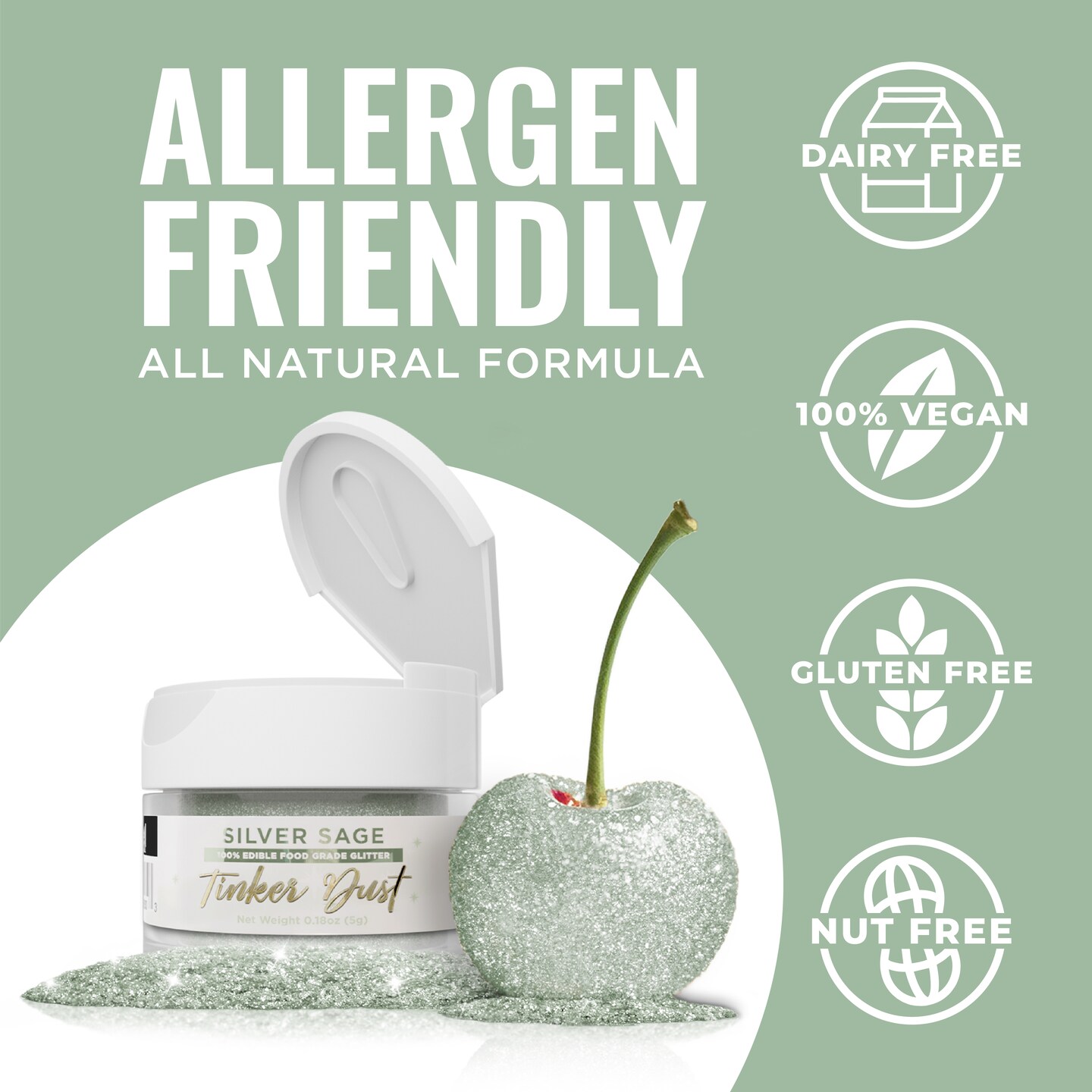 Bakell - Silver Sage Tinker Dust Edible Glitter (5g, 1x Jar) for Food, Desserts, and Beverages!