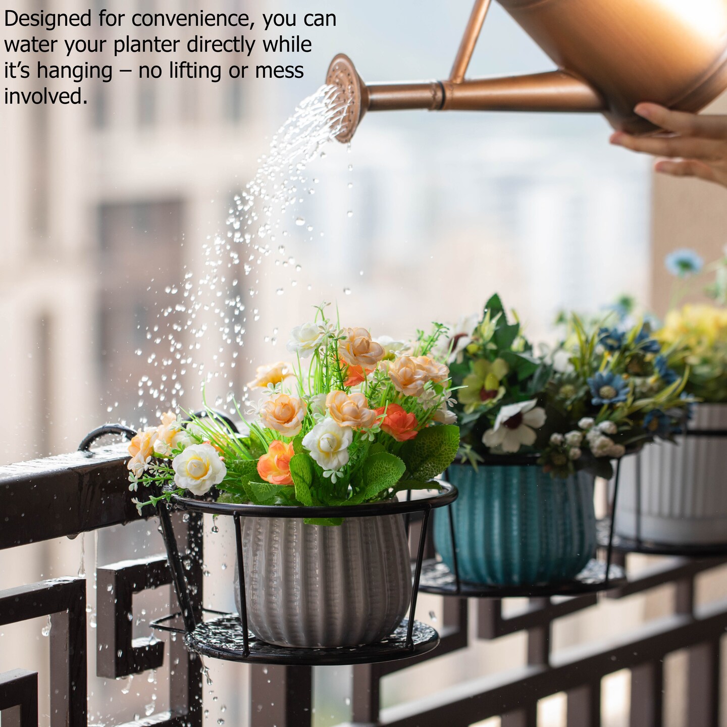 Gardenised Set of 4 Decorative Round Iron Hanging Bucket Style Plant Pot Holders and Flower Baskets with Hooks for Railing Fence Balcony Deck Patio Porch Garden Yard Indoor and Outdoor Home Use