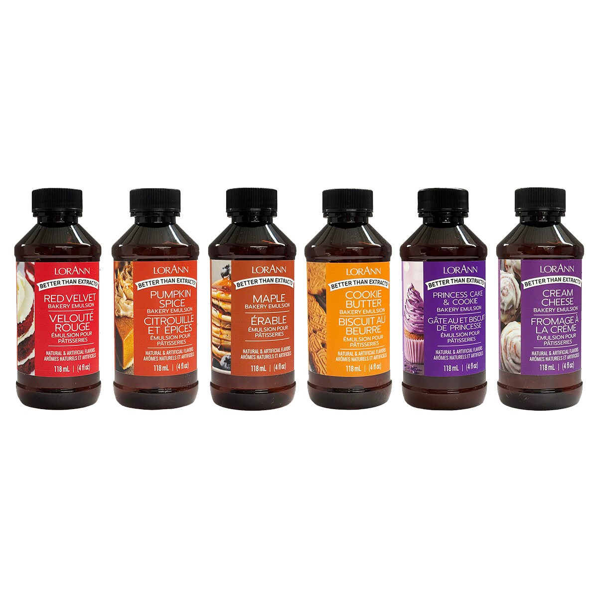 LorAnn Oils Bakery Emulsion Baker&#x2019;s Secret Variety Pack &#x2013; Cream Cheese, Cookie Butter, Maple, Princess Cake &#x26; Cookie, Pumpkin Spice and Red Velvet - 4 ounce bottles