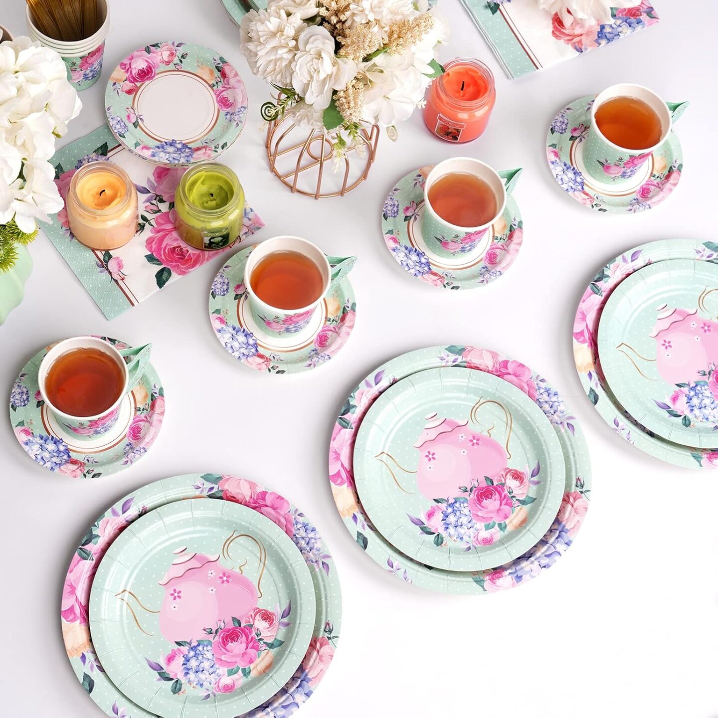 Tea Party Supplies Serves 16, Tea Party Plates and Napkins Sets, Paper Saucers, Tea Cups with Handles for Girl&#x27;s Birthday, Baby Shower, Total 128 PCS