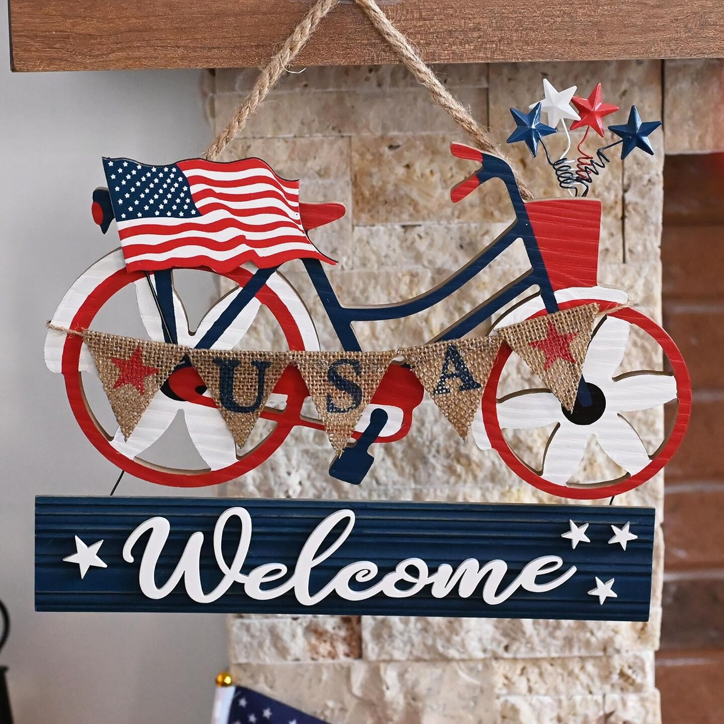 4th of July Front Door Decorations – 9-Inch Wooden Patriotic Wreath with Red, White & Blue Americana “Welcome USA” Sign, Perfect for Memorial Day, Independence Day, Labor Day, and Veterans Day Indoor Décor