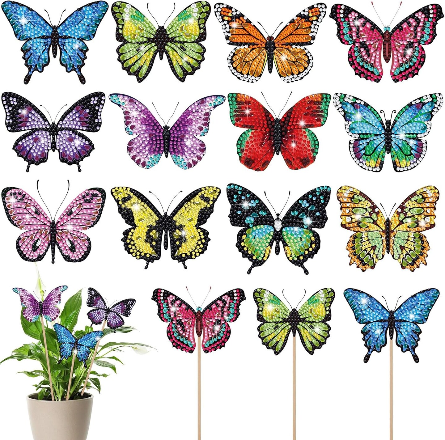 12 Pcs Butterfly Diamond Painting Kits for Garden Decor Spring Butterfly Garden Stake Diamond Art Craft Kits for Adults Colorful Butterfly Crafts Diamond Art Accessories