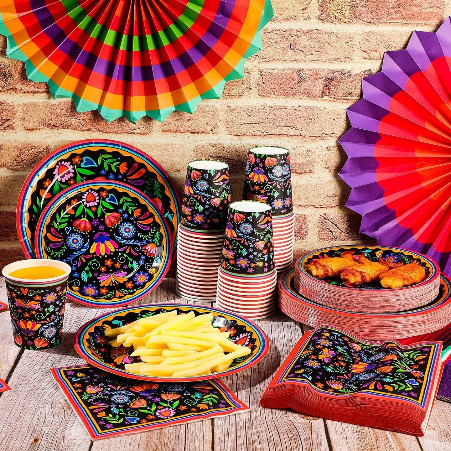 200 Pieces Mexican Party Decoration Supplies Fiesta Tableware Set, Includes Mandala Flower Mexican Paper Plates and Napkins Cinco De Mayo Paper Cups for Taco Tuesday Birthday Party Decor