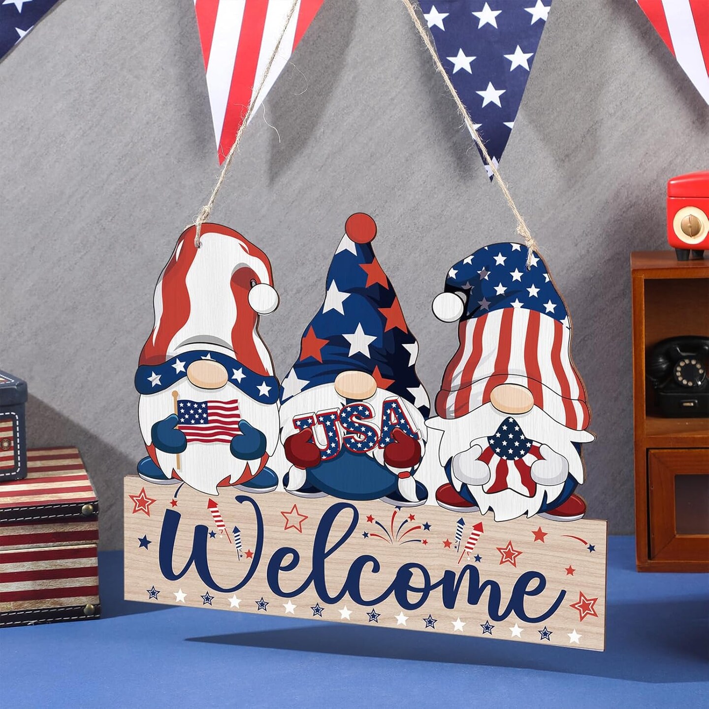 Reversible Summer 4th of July Memorial Day Welcome Door Sign Decor Double Sided Gnome Wooden Hanging Plaque Patriotic Independence Day Door Hanger for Porch Home Wall Outdoor Decoration