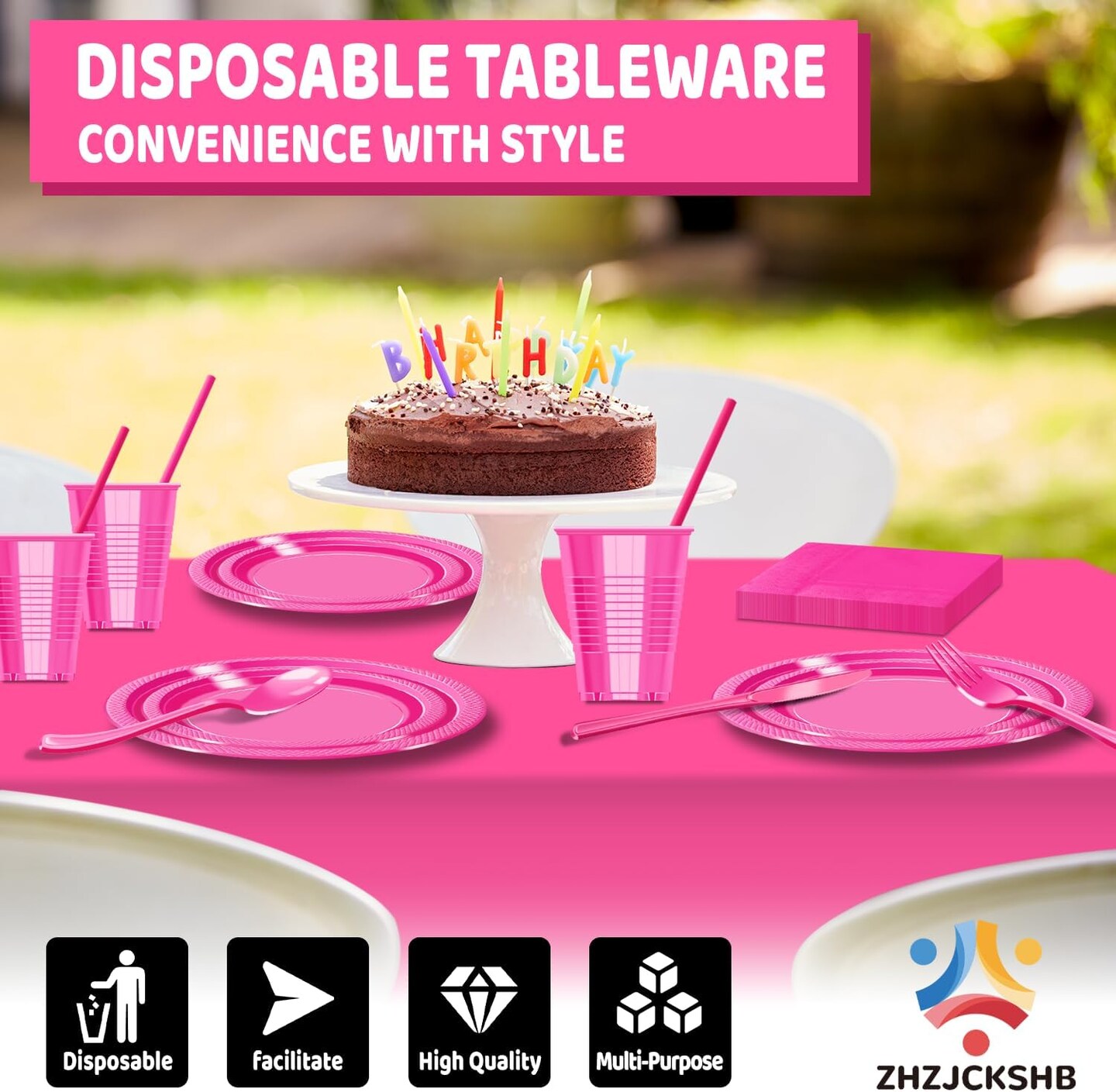 242 Pcs Plastic Dinnerware Set Includes 30 Of Each 9&#x22; Dinner Plates |7&#x22; Dessert Plates|12 oz Plastic Cups | Napkins|Straws|Spoons, Forks &#x26; Knives (Hot Pink, 242PCS&#xFF08;30 Guests&#xFF09;)