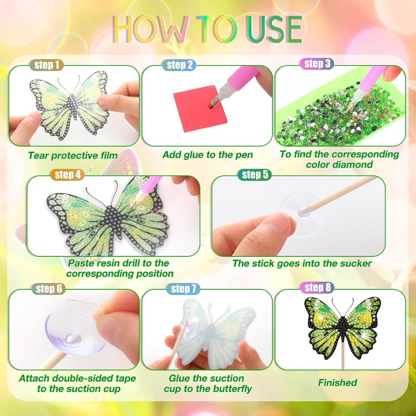 12 Pcs Butterfly Diamond Painting Kits for Garden Decor Spring Butterfly Garden Stake Diamond Art Craft Kits for Adults Colorful Butterfly Crafts Diamond Art Accessories