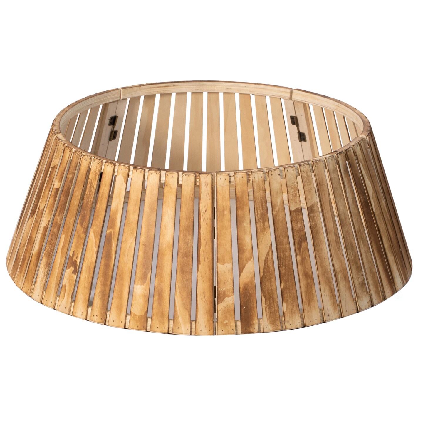 Gardenised Natural Wood Christmas Tree Collar Box with Slatted Panel Design Foldable Tapered Base Cover for Holiday Tree Stand Skirt Alternative for Indoor Seasonal Displays and Festive Home Decor