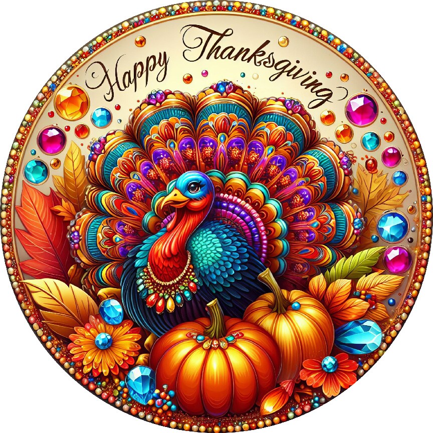 Happy Thanksgiving Jewel Turkey Round Sign