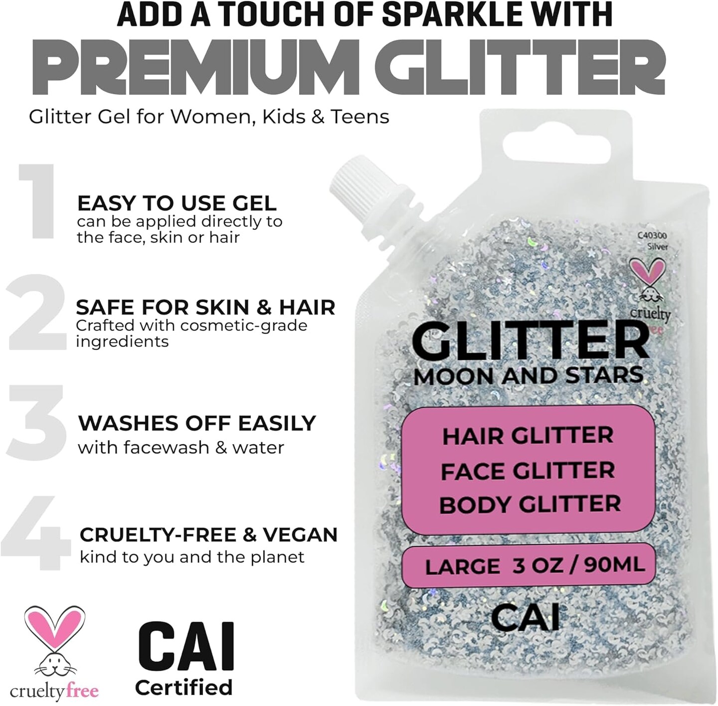 Hair Glitter Gel &#x2013; Body Glitter for Kids and Women - Silver