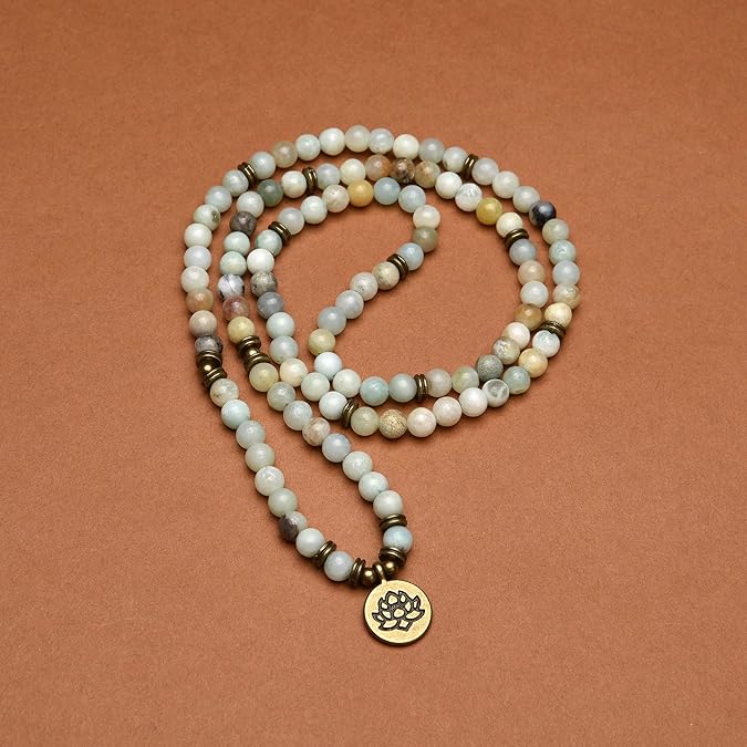 108 Healing Mala Beads Bracelet or Necklace with Gold Lotus Charm