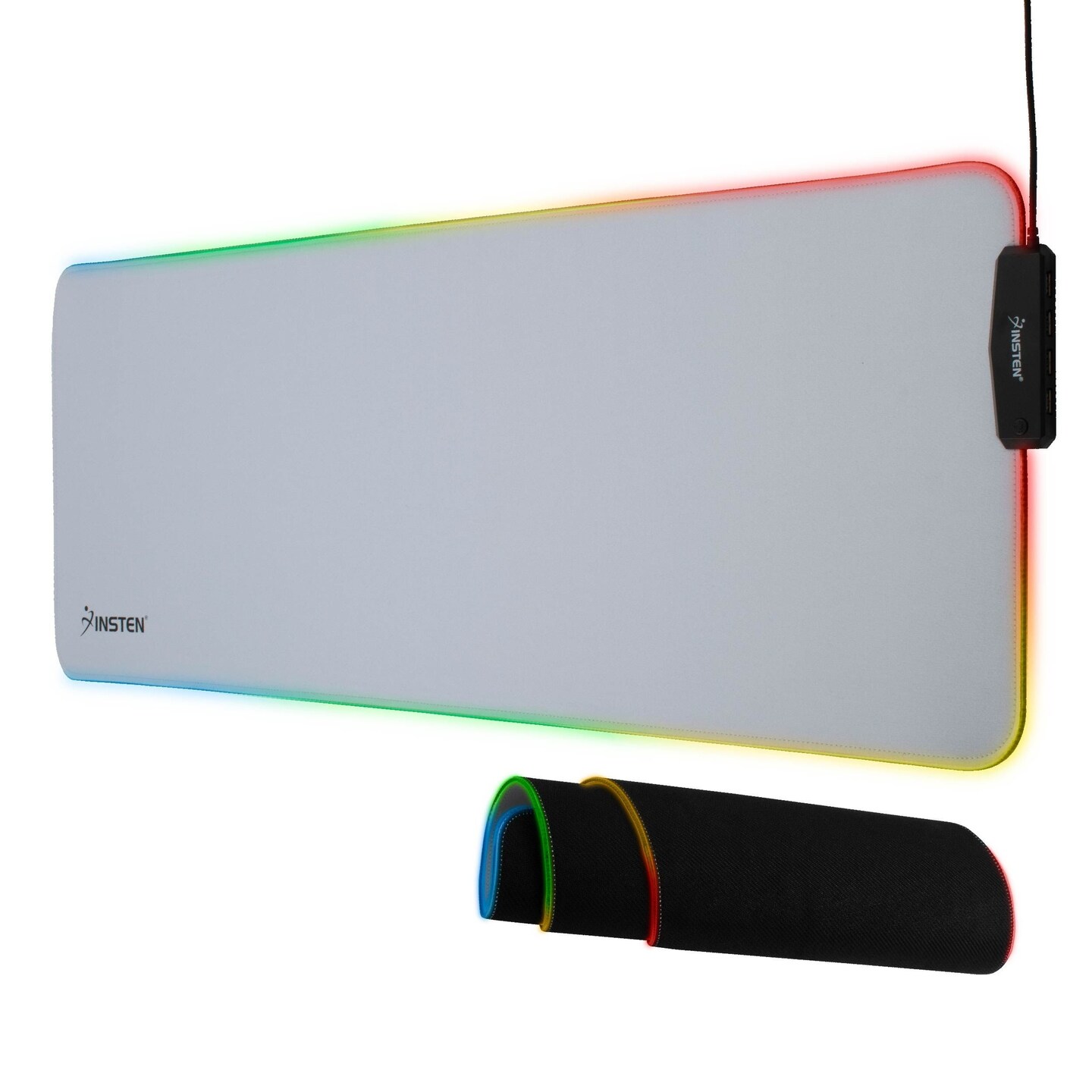 Insten - RGB Mouse Pad Gaming XXL Extended, LED Soft Cloth with 4 USB Port Mat, Ergonomic Anti-Slip Rubber Base, White 31.5 x 12 x 0.12 in