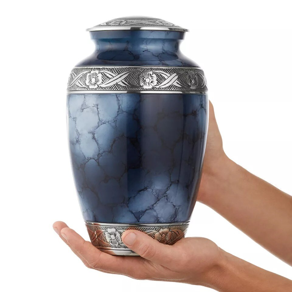 Adult Cremation Urn for Human Ashes - Blue and Silver with Velvet Bag