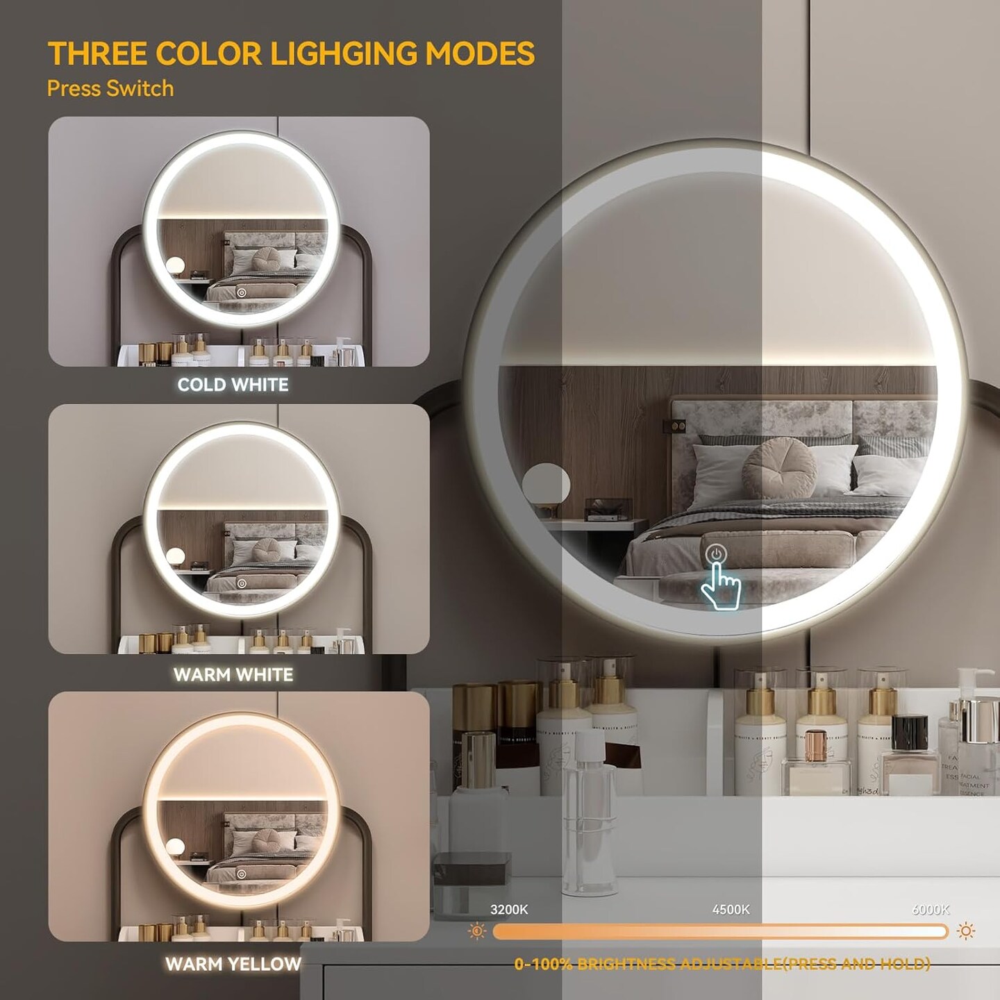 Small Vanity Desk with Mirror and Lights Compact Makeup Vanity Set with Drawers for Bedroom Mini White Modern Dressing Table with Stool