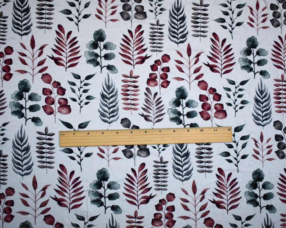Red-Green-Multi Rayon Modal Leaves Print Stretch Spandex Jersey Knit Fabric By the Yard