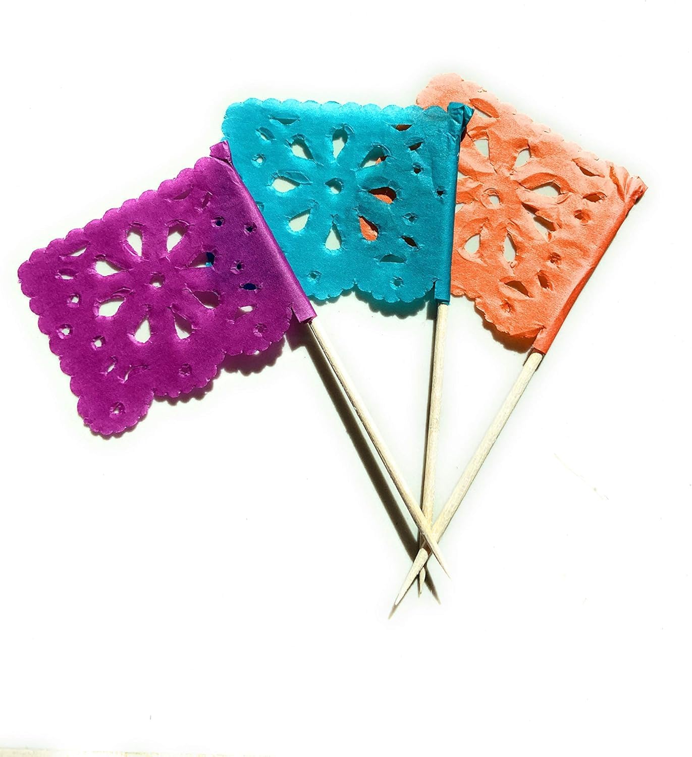 Set of 24 Pcs Multi-Colored Mini Mexican Paper Papel Picado Tissue Banner Flags Banderita s Fiesta Party Decorations Cupcake Topper Party Banderines Flower Design