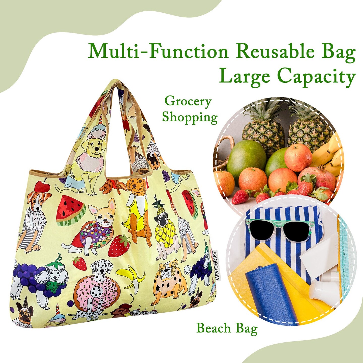 Wrapables Large Foldable Tote Nylon Reusable Grocery Bags, Dessert Dogs