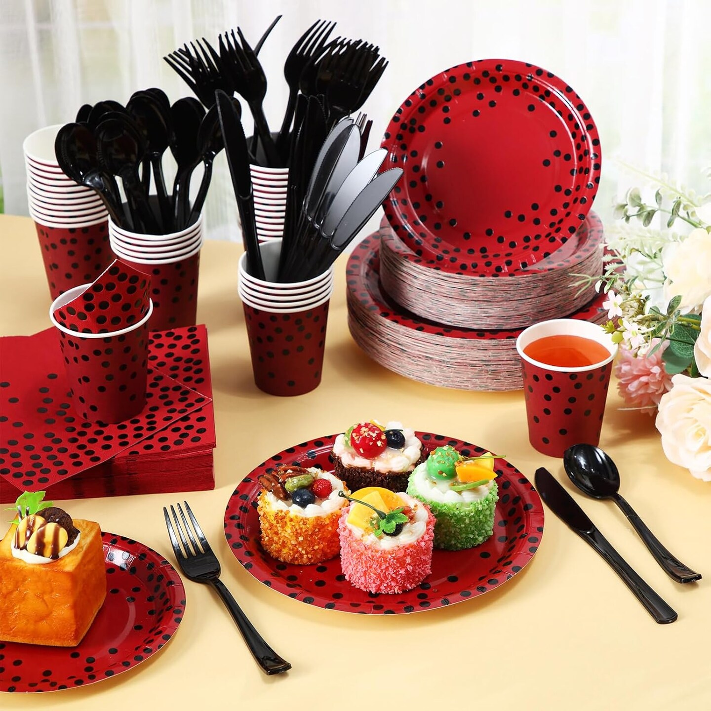 560 Pcs Red and Black Party Supplies for 80 Guests Disposable Tableware Set Red and Black Paper Plates Napkins Cups Black Plastic Forks Knives Spoons for Graduation Birthday Ladybug Party