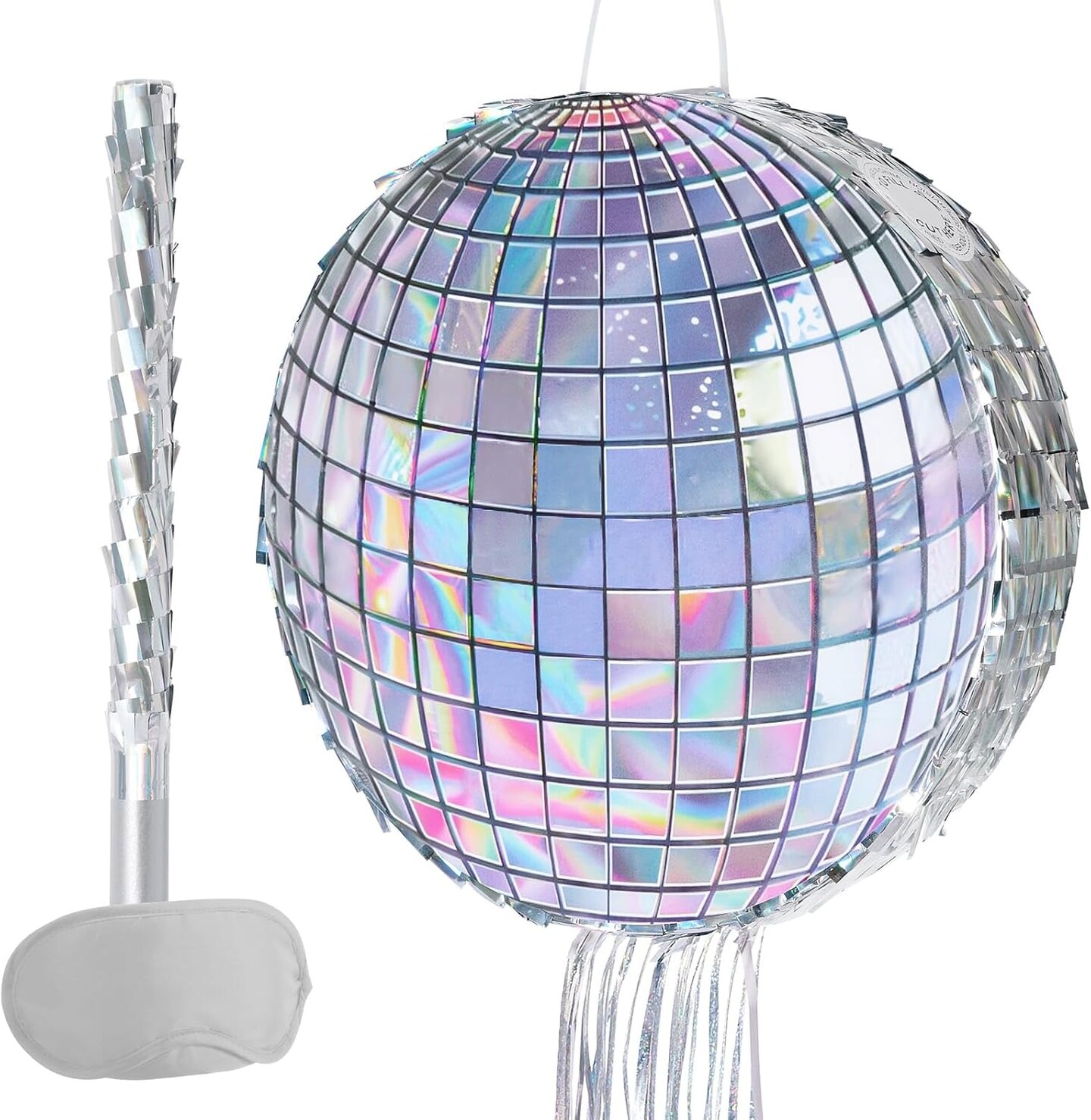 Disco Ball Pi&#xF1;ata - Disco Party Decoration for Adult Birthday Party Supplies Hanging Disco Pi&#xF1;ata with Bat Blindfold Mirror Roller Skating Pull String, 12.2&#x201D; x 12.2&#x201D;