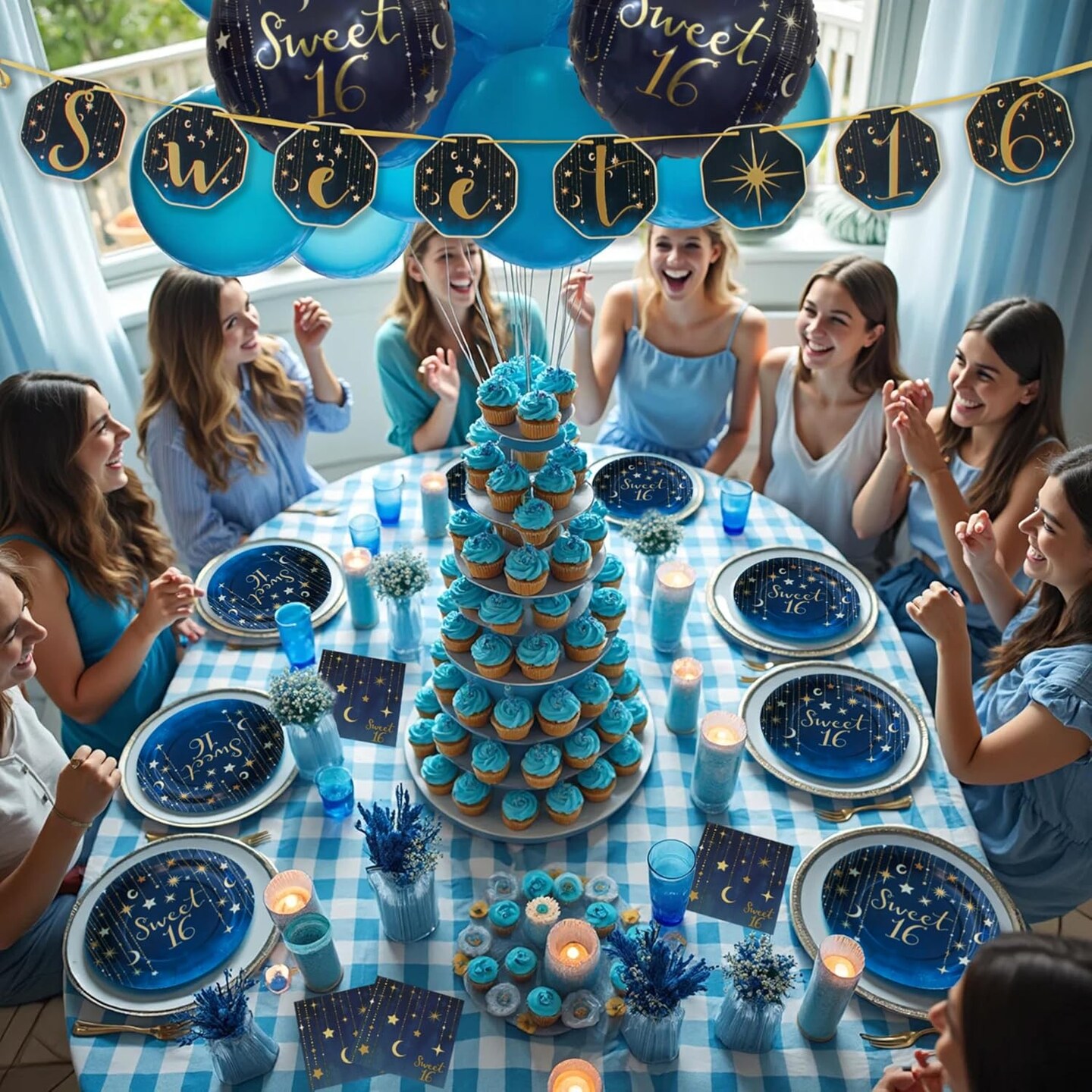 Sweet 16 Birthday Party for 16 guests! Includes 16 ea. 9&#x22; Plates, 7&#x22; Plates, Luncheon Napkins and Beverage Napkins. Navy &#x26; Gold Starry Night Design
