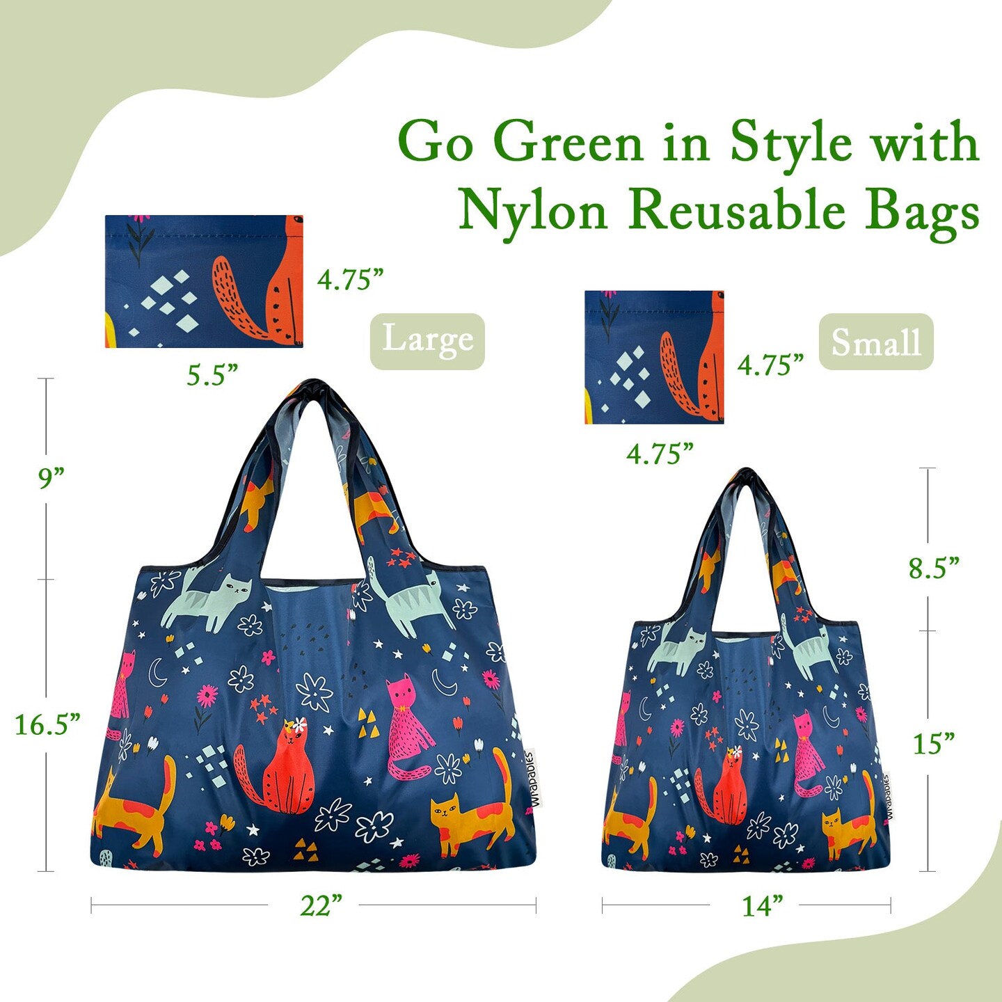 Wrapables Large & Small Foldable Tote Nylon Reusable Grocery Bags, Set of 2, Cute Kitties on Blue