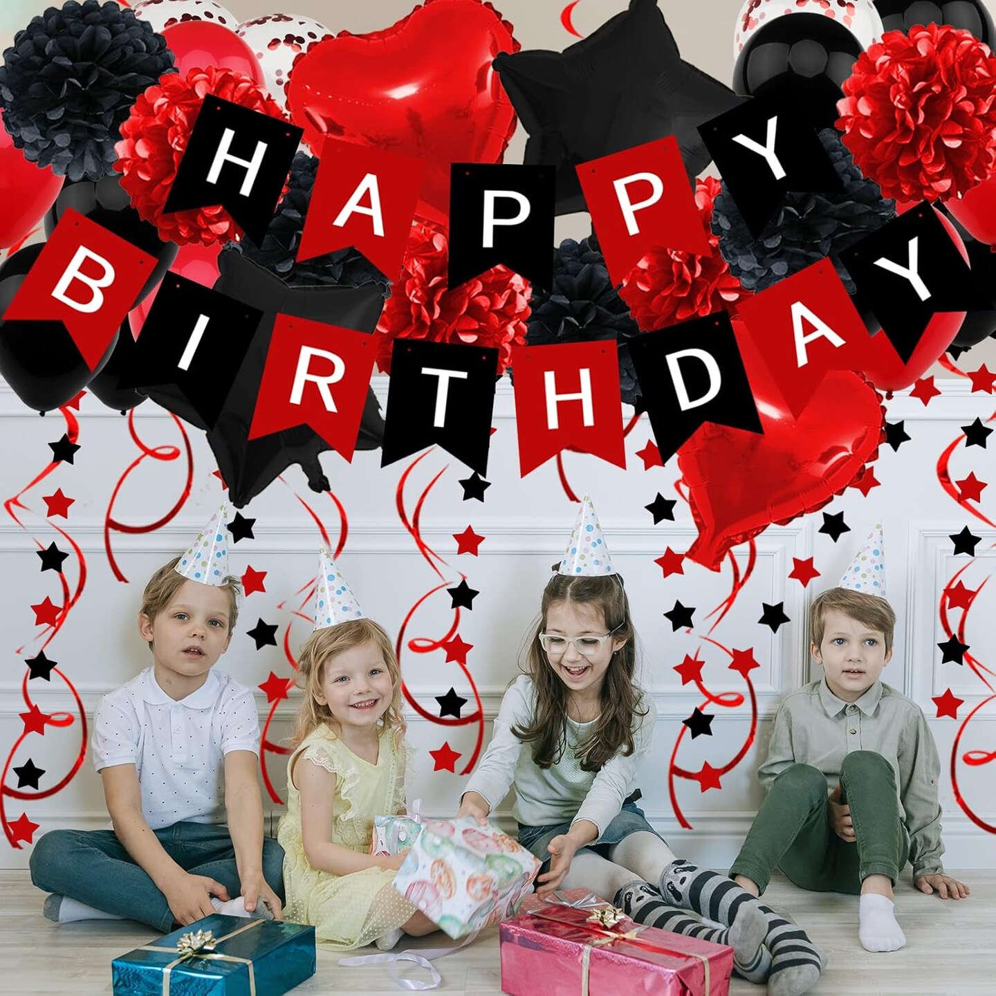 Birthday Decorations - Black &#x26; Red Party Decorations with Happy Birthday Banner, Pompoms, Balloons for Boys, Girls, Men &#x26; Women
