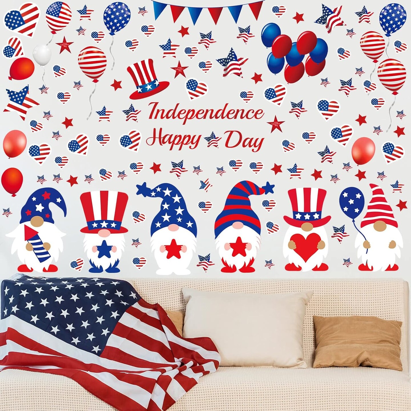 114 Pieces 4th of July Wall Sticker Independence Day Gnomes Patriotic American Flag Red White Blue Wall Decals Window Stickers for Memorial Day Independence Day Patriotic Party Favors Supplies Decor