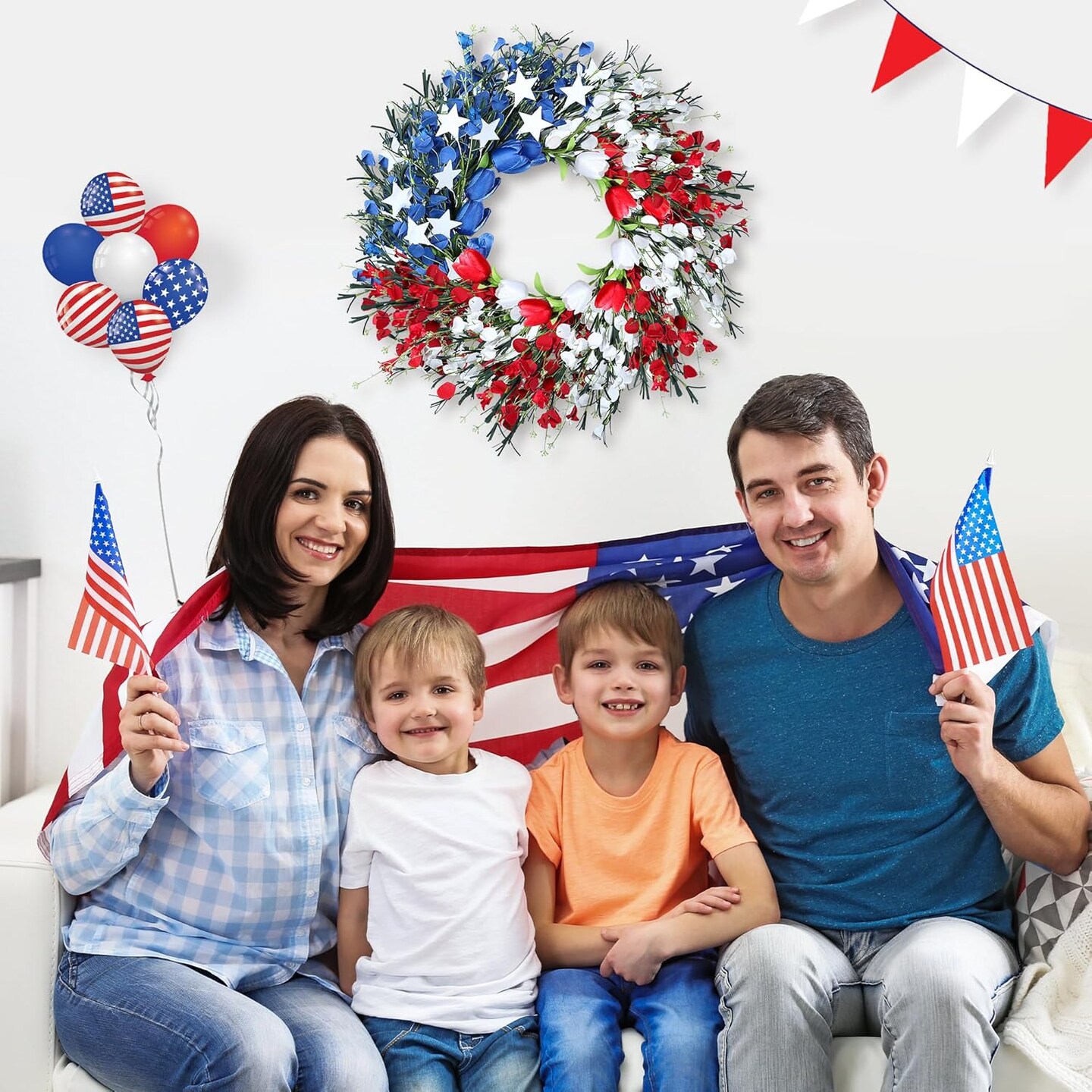 Patriotic 4th July Front Door Wreath, Ideal Red, White and Blue Foam Flower Wreath for Independence Day, Memorial Day and Flag Day, American Wreath with Tulip and Star