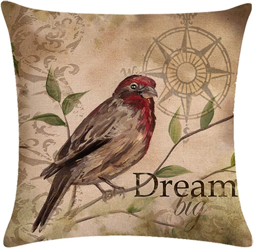 Set of 4 Vintage Bird Pillow Covers Birds On The Branch with Inspirational Words/Sing/Love/Dream/Fly Cushion Cover Cotton Linen Home Decorative Pillowcases