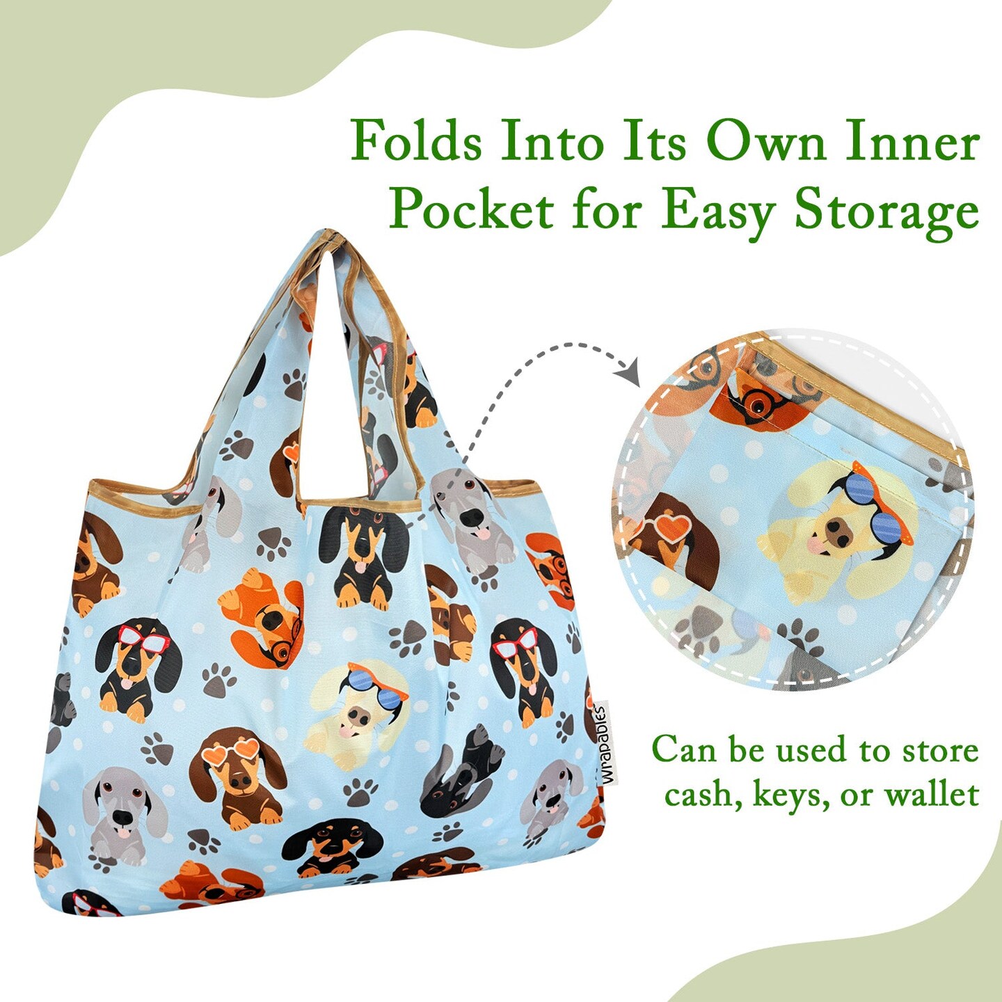 Wrapables Large Foldable Tote Nylon Reusable Grocery Bags, Stylish Doggies