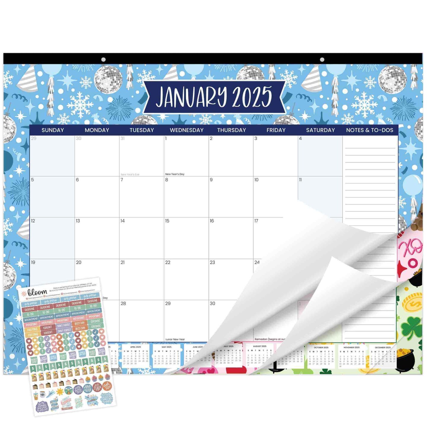 bloom daily planners 2025 Desk Calendar, 16&#x22; x 21&#x22;, Holiday Icons