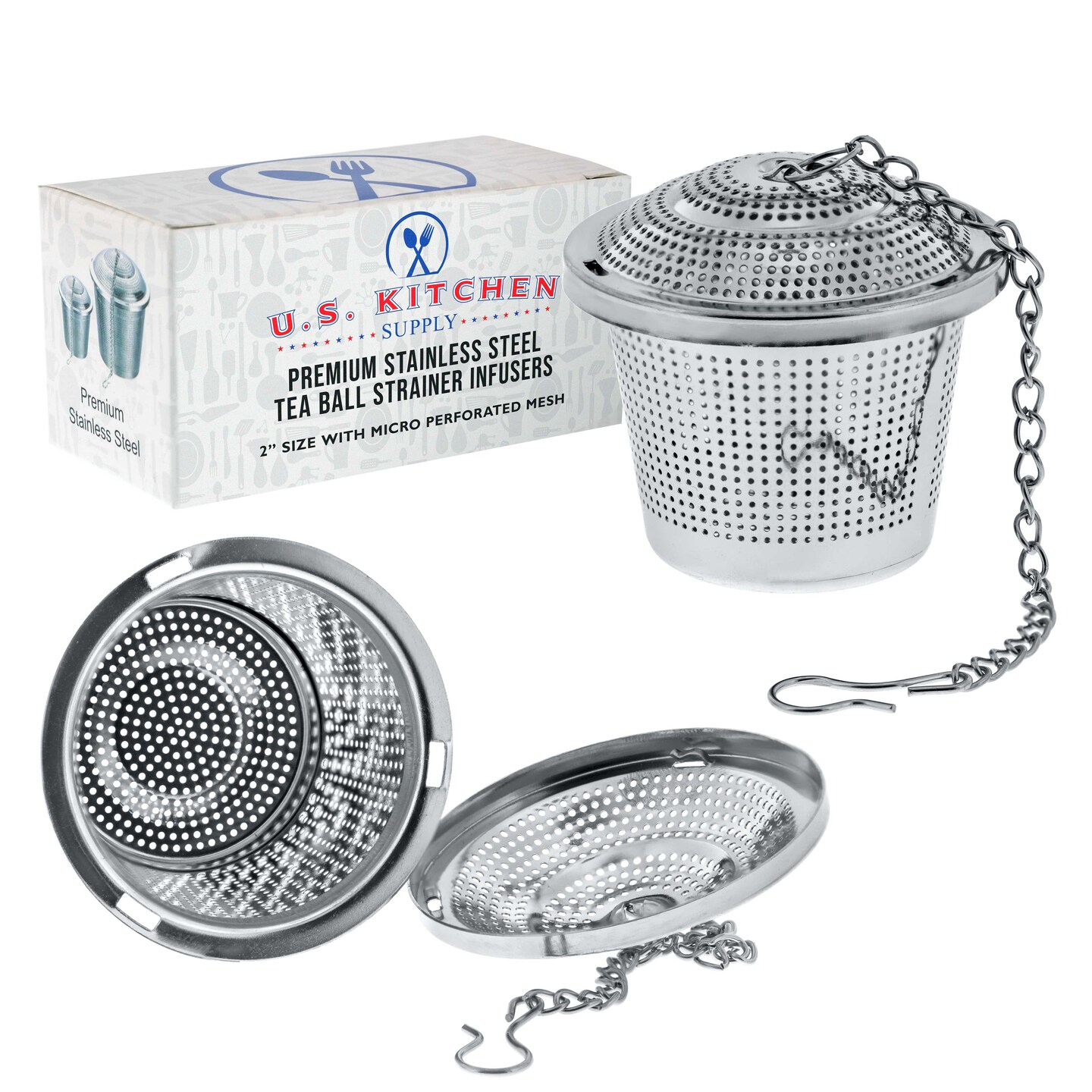 U.S. Kitchen Supply&#xAE; - 2 Premium Stainless Steel Tea Ball Strainer Infusers - 2&#x22; Size with Micro Perforated Mesh - Steep Loose Leaf Tea, Herbal, Spices