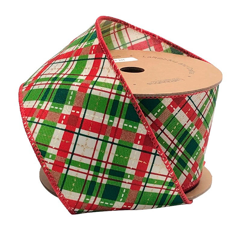 LaRibbons 2 1/2&#x22; Wired Ribbon | &#x22;Holiday Plaid&#x22; White/Red/Green | 10 Yard Roll