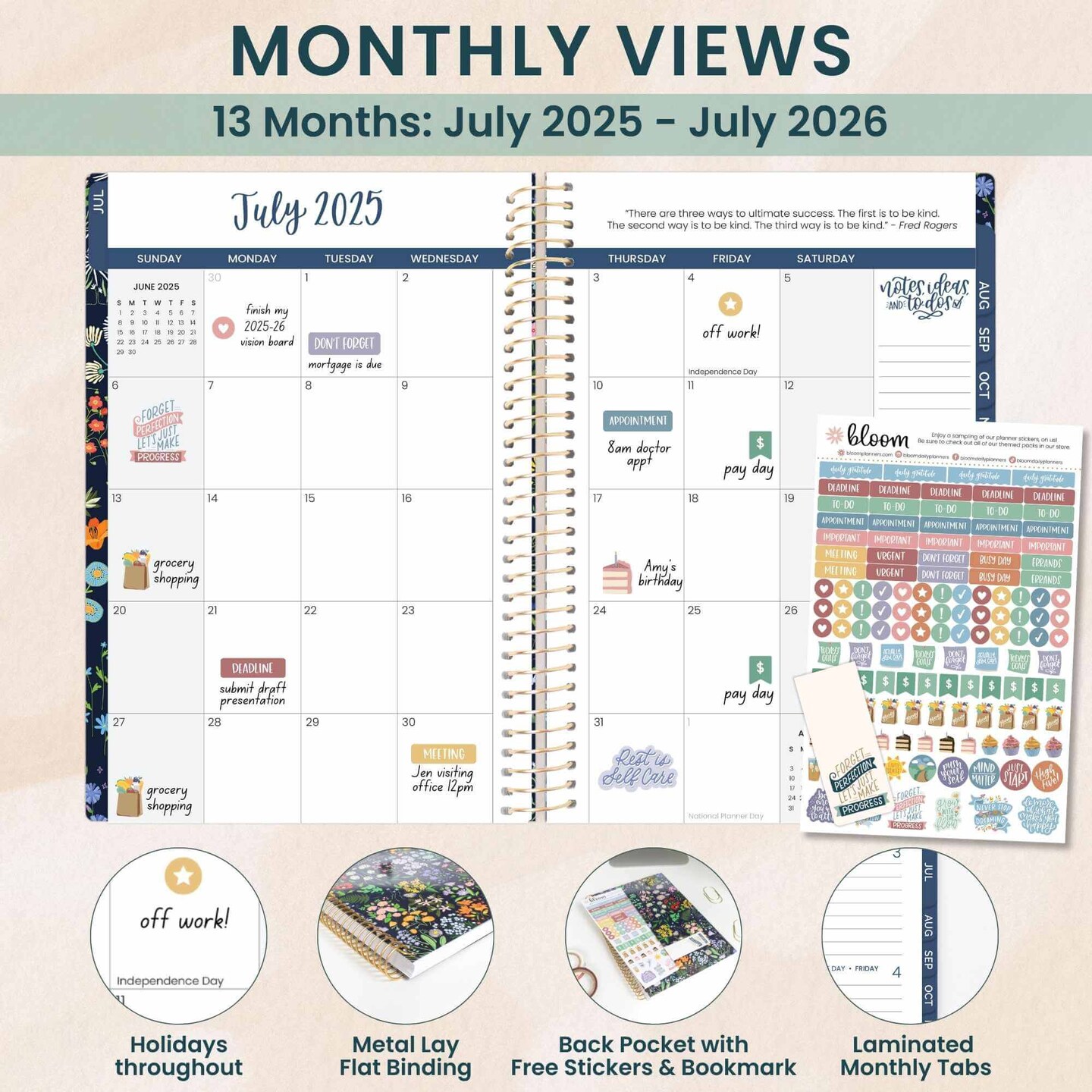 bloom daily planners 2025-26 Academic Planner, Soft Cover, 5.5&#x22; x 8.25&#x22;, Garden Party, Navy