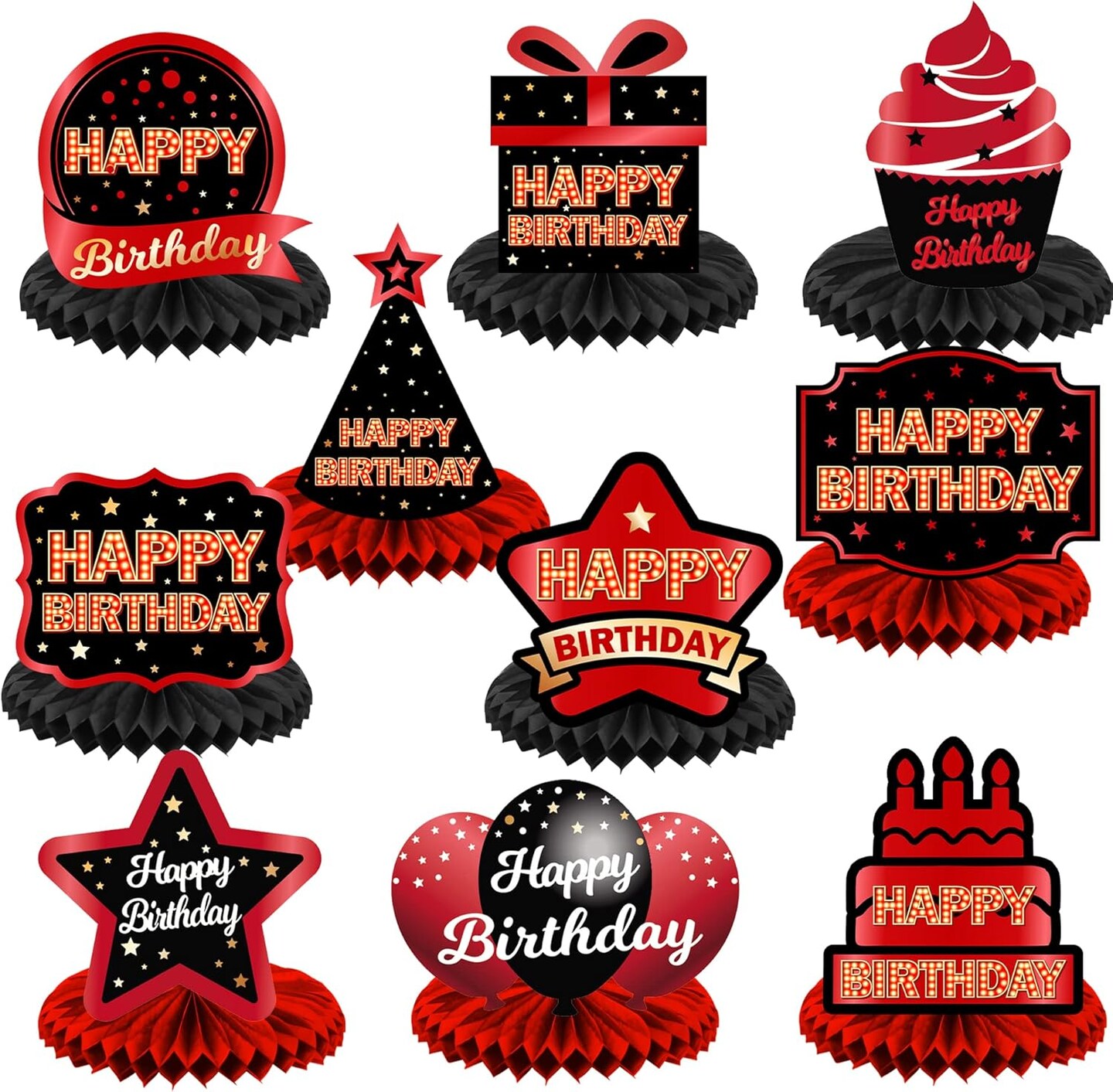 Happy Birthday Red and Black Table Honeycomb Centerpieces Balloons Theme Decor Table Decorations Table Toppers for Girls Women Princess 6th 21st 30th 40th 50th 60th Birthday Party Bday Supplies Gold