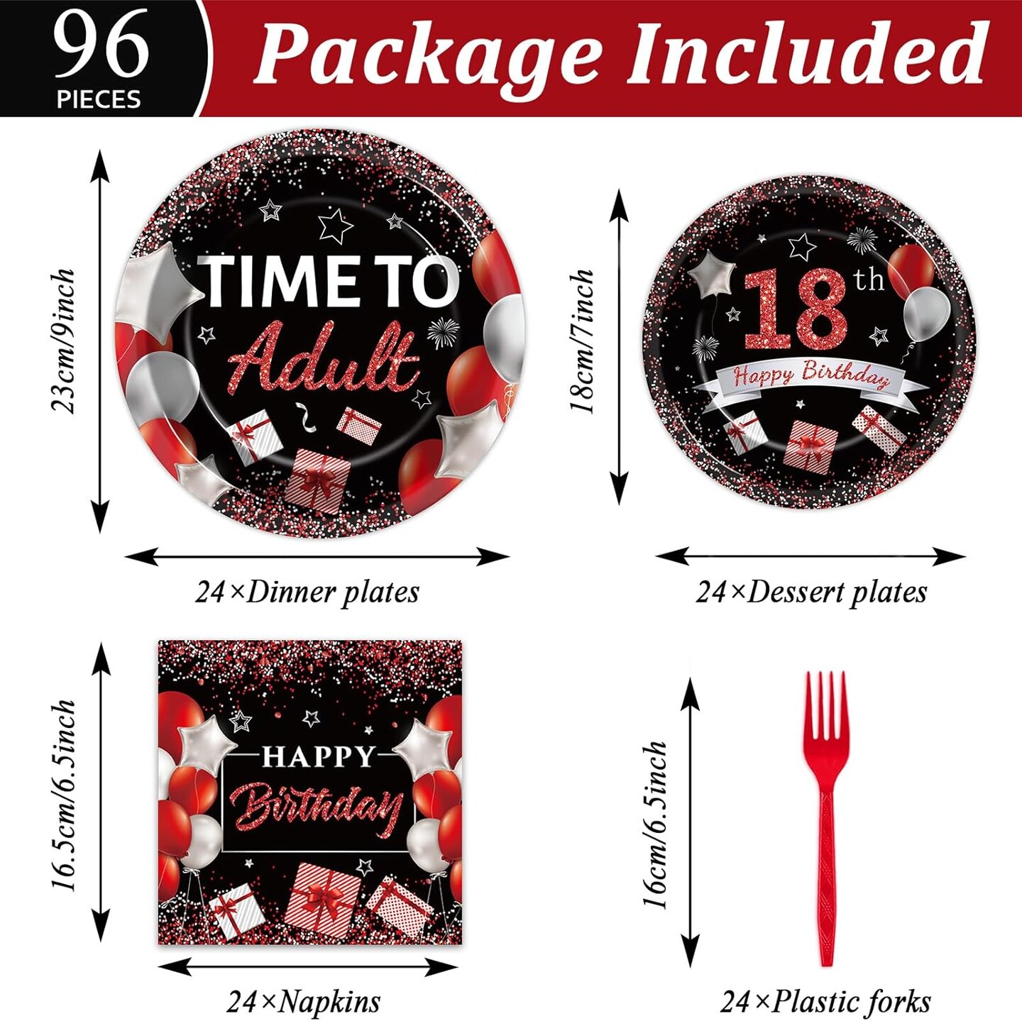 96 Pcs 18th Birthday Party Supplies Paper Plates Napkins Time To Adult Red Black 18 Years Old Birthday Party Dinner Dessert Tableware Set 18th Decorations Favors for Boys Girls Serves 24