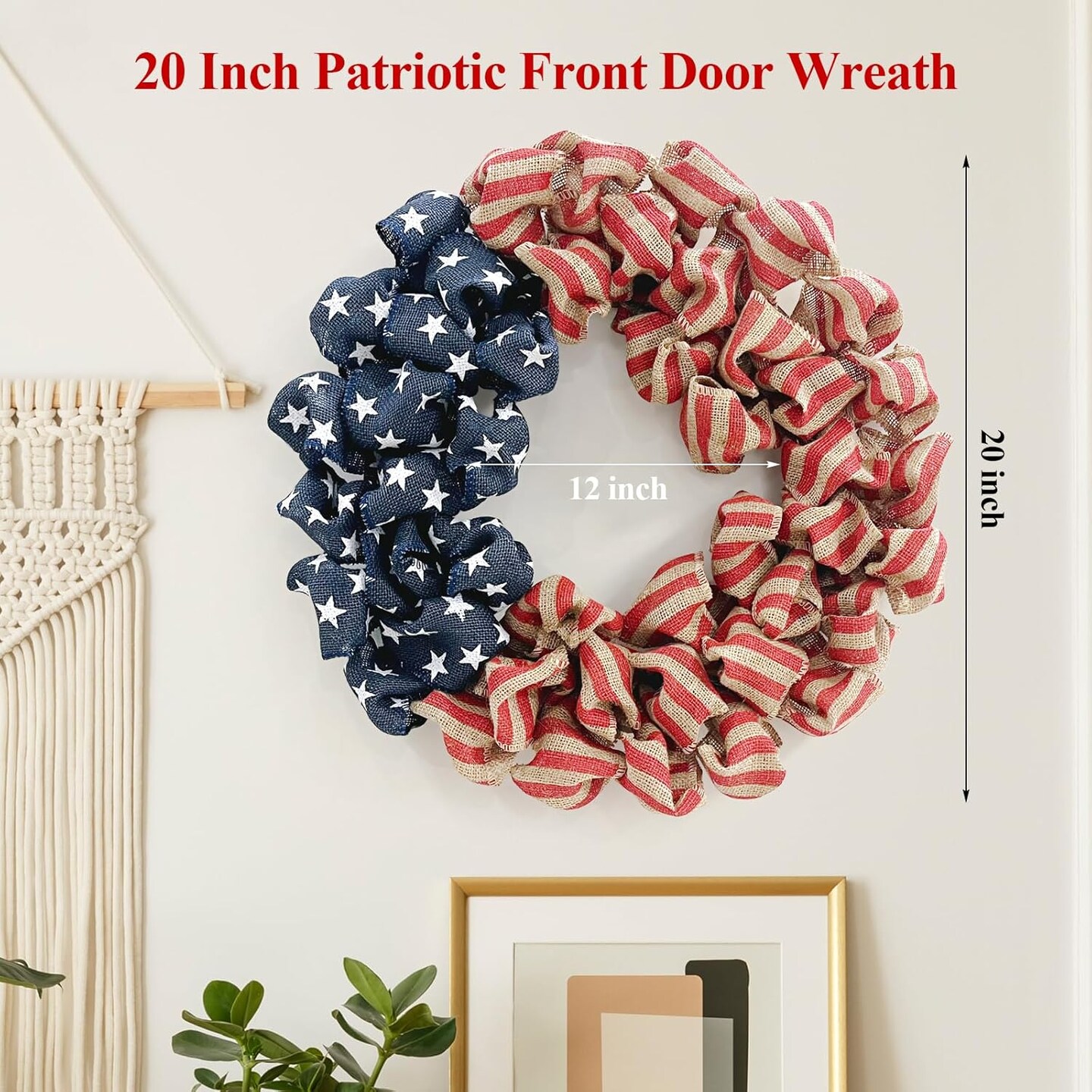 24 Inch Summer Patriotic Front Door Wreath, 4th July Independence Day Wreath America Patriotic Flag Burlap Farmhouse Decor, Memorial Day Americana Wreaths for Front Door Window Christmas Decor