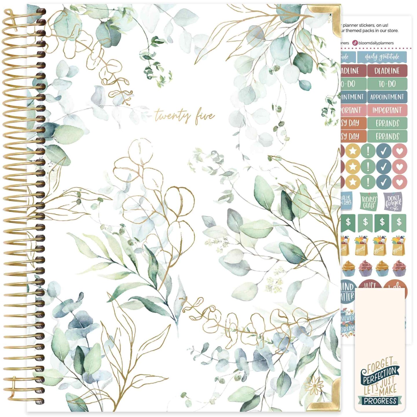 bloom daily planners 2025 Hard Cover Planner, 8.5&#x22; x 11&#x22;, Eucalyptus, White