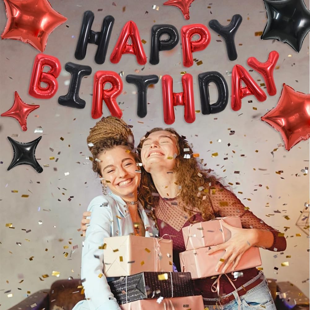 35PCS Black and Red Happy Birthday Decorations 16 Inch Happy Birthday Balloon Banner with Star Balloons Mylar Foil Birthday Party Decorations Supplies for Men Women Adults Girls Boys Kids