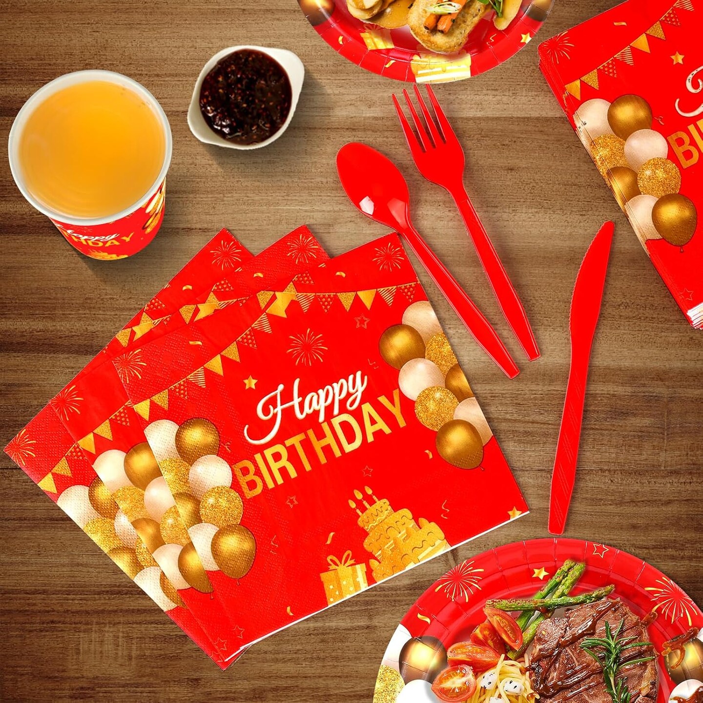 168 Pcs Red and Gold Party Supplies Tableware Set Happy Birthday Plates, Knife,Forks,Spoons, Cups and Napkins Table Decorations