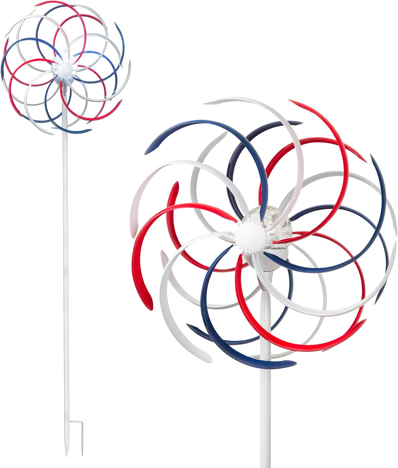 Tall Outdoor Solar Powered Patriotic Dual Windmill Spinner Stake Yard Decoration, Red, White, and Blue