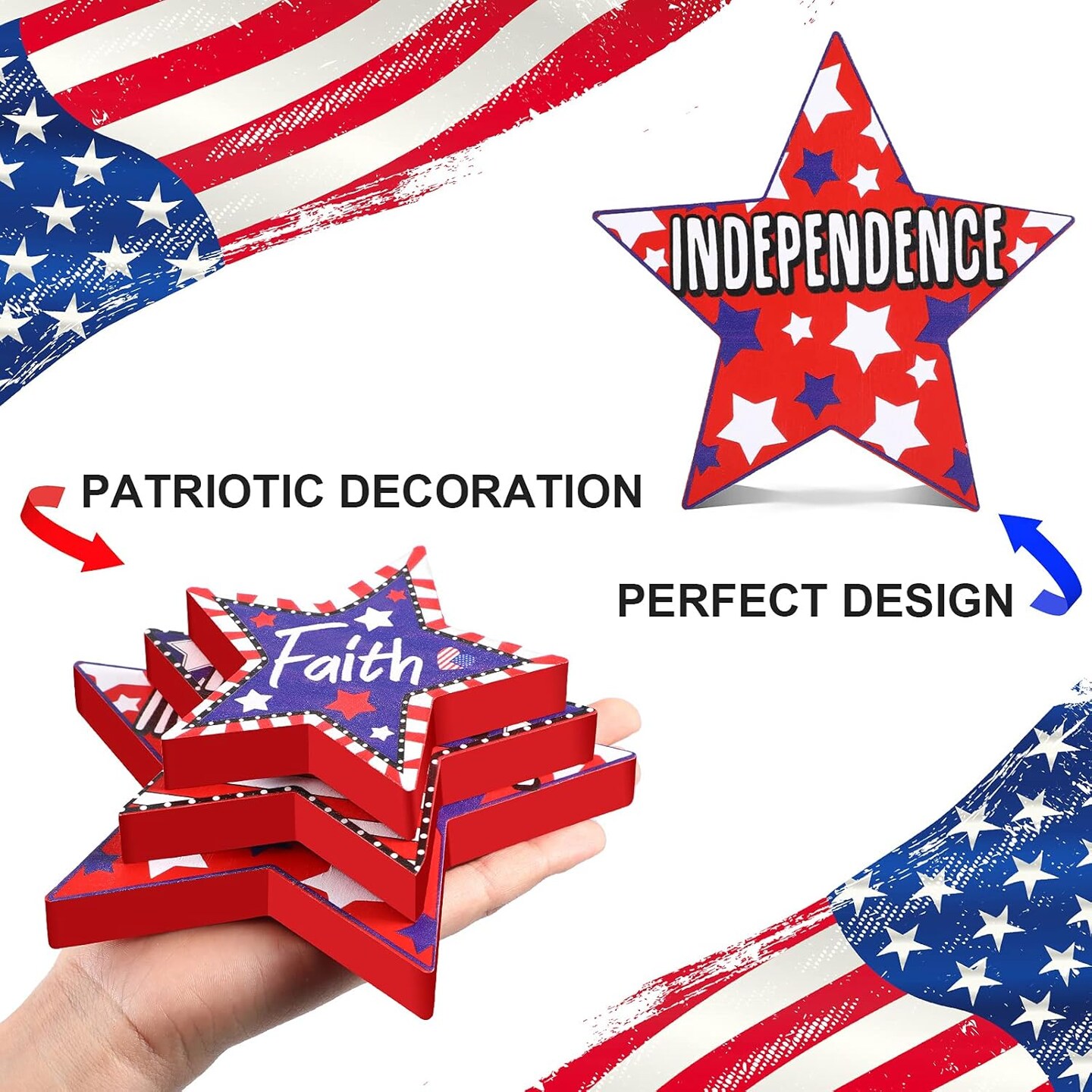3 Pieces 4th of July Wood Star Decoration