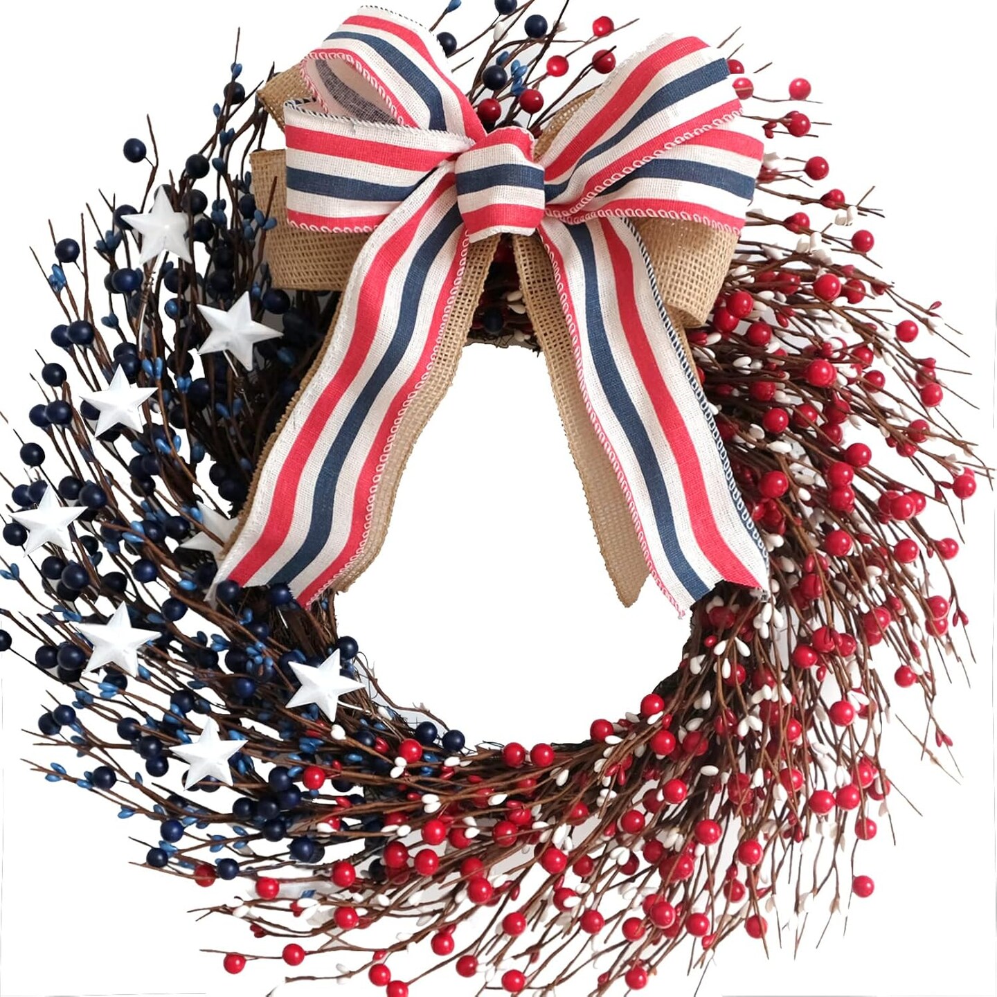 18 Inch Patriotic Red White Blue Berries Wreath for Front Door, 4 of July Memorial Day Independence Day Burlap Bow Wreath for Home Decor, American Flag Day Wreath for Indoor and Outdoor Use
