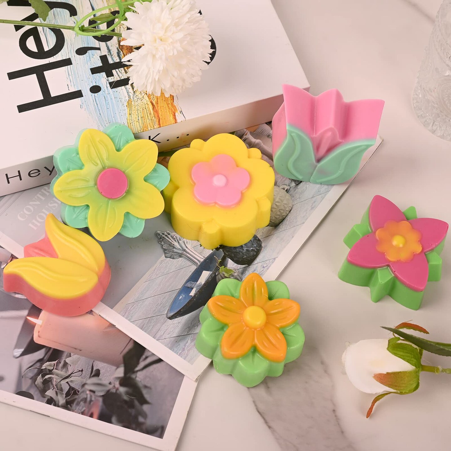 6-Cavity Flower Soap Molds Silicone, 2 Pack Tulip Different Flower Shapes Silicone Molds for Soap, Lotion Bar, Bath Bombs, Chocolate, Candy Baking Molds Jelly, Ice Cube Tray