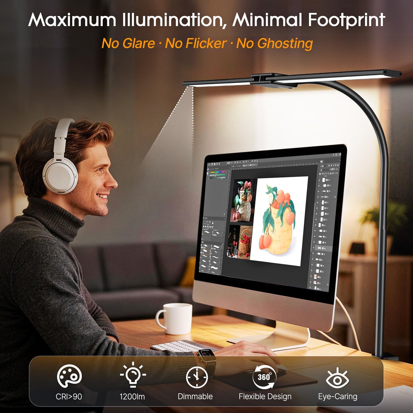 LED Desk Lamp for Office Home – Eye Caring Dual Head Desk Light with Flexible Goose-Neck, Clamp, Motion Sensor/Wired Control, 50 Lighting Modes with Memory/Timer, Table Lamp for Study, Drafting