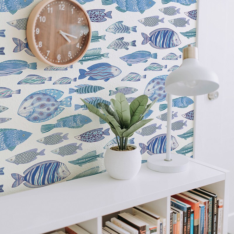Tempaper Marine Fish Peel and Stick Wallpaper Aqua/White