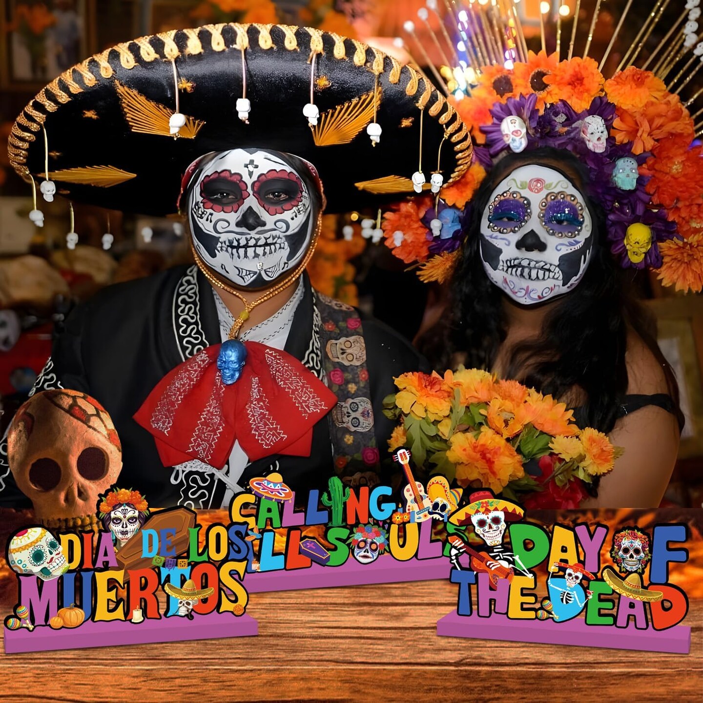Dia De Los Muertos Decorations Wooden Table Centerpieces Day of the Dead Party Supplies Sugar Skull Themed Calling All Souls Wooden Table Signs for Mexican Dia De Los Muertos Party