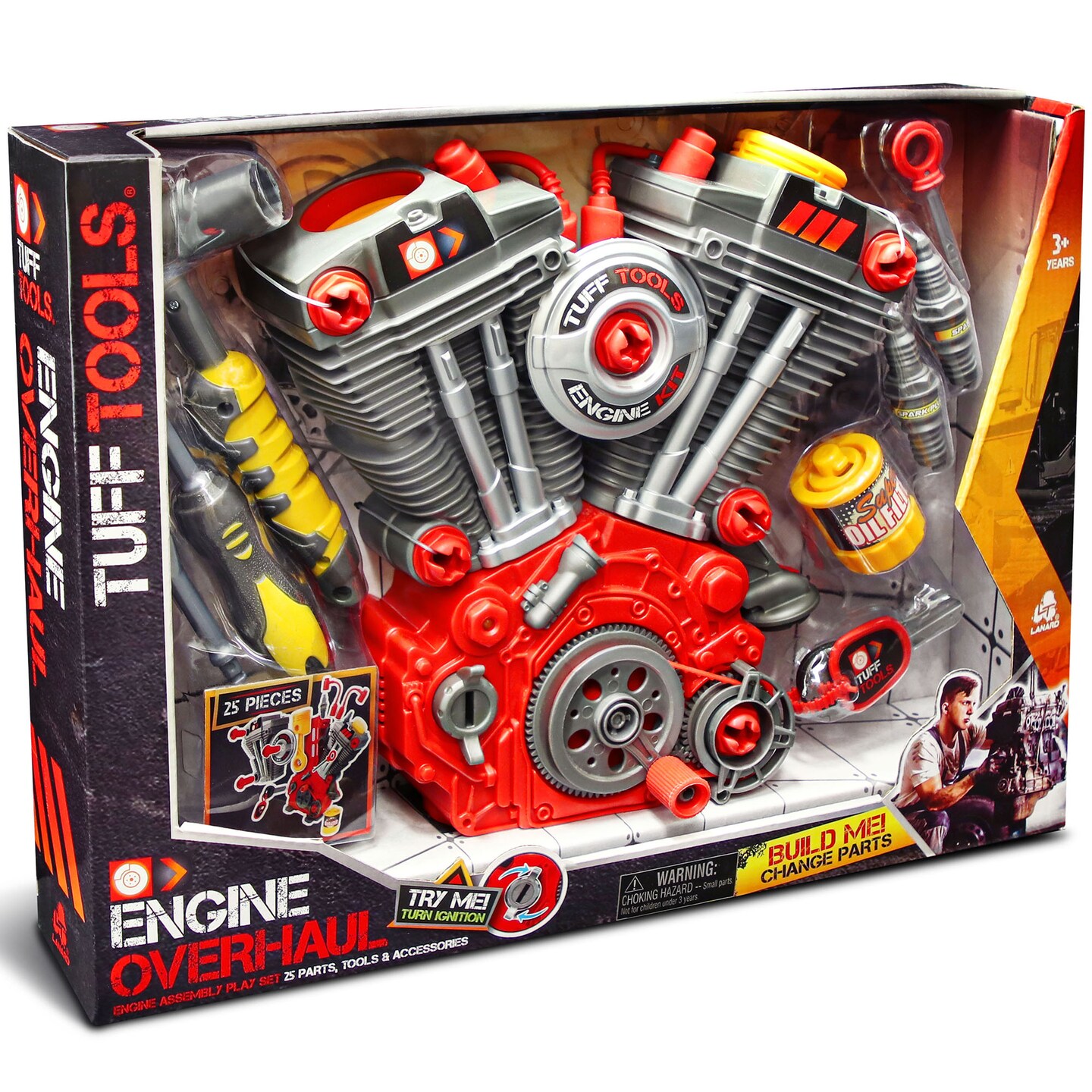 Lanard Tuff Tools: Engine Overhaul - 25 pc Playset, Lights &#x26; Sounds, Motorcycle Engine Building Set, Realistic Mechanic Toy, Kids Ages 3+