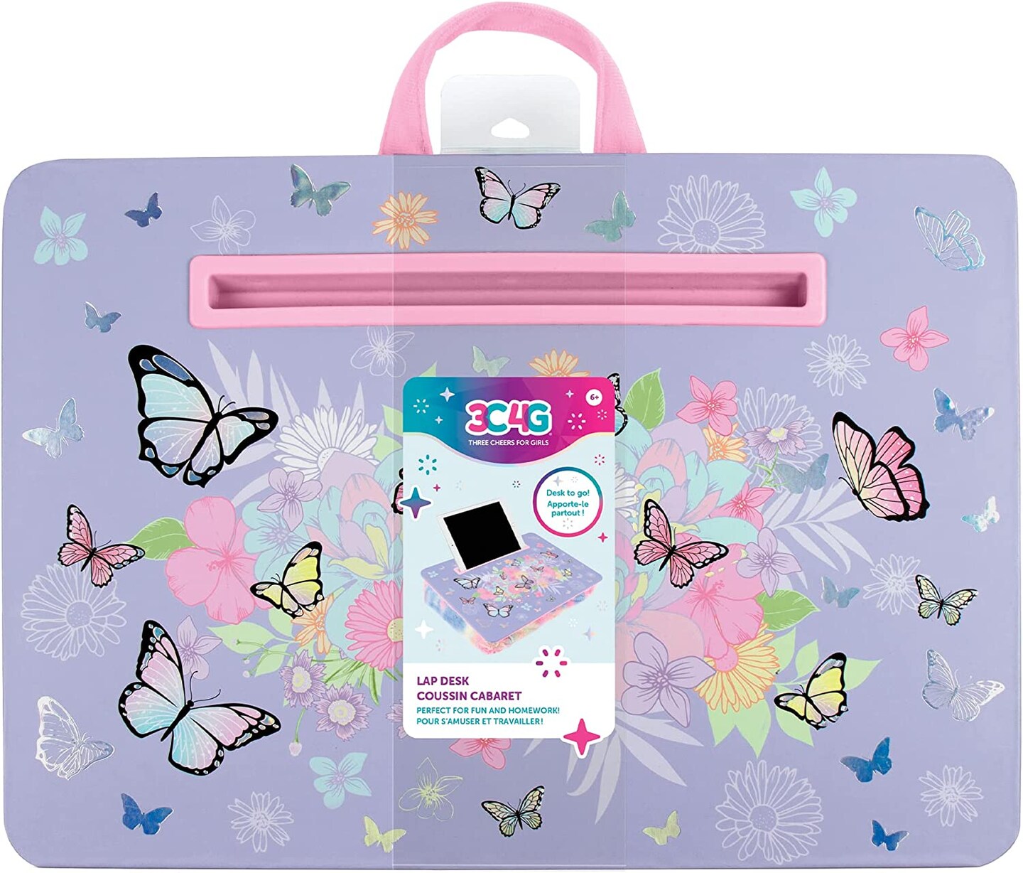 3C4G: Butterfly Lap Desk - Purple Pastels &#x26; Butterflies, Make It Real, Tweens &#x26; Girls, Portable Lap Pillow Desk W/ Handle, Versatile Media Slot - 12&#x201D; x 17&#x201D;, Cozy Plush Cushion, Three Cheers For Girls, Kids Ages 6+